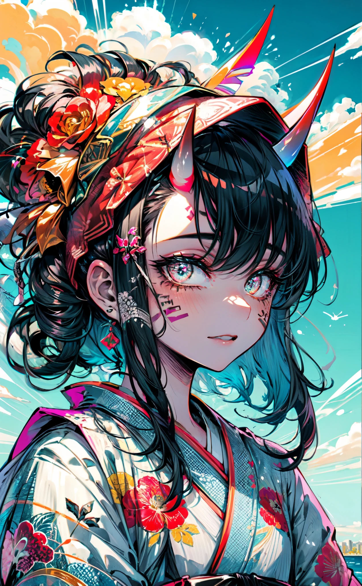 (best quality, high details:1.2), (scenery:1.3), beautiful face, 1girl, a girl in a patterned kimono, (looking at the viewer:1.3), (face tattoo:1.2), small oni horn,