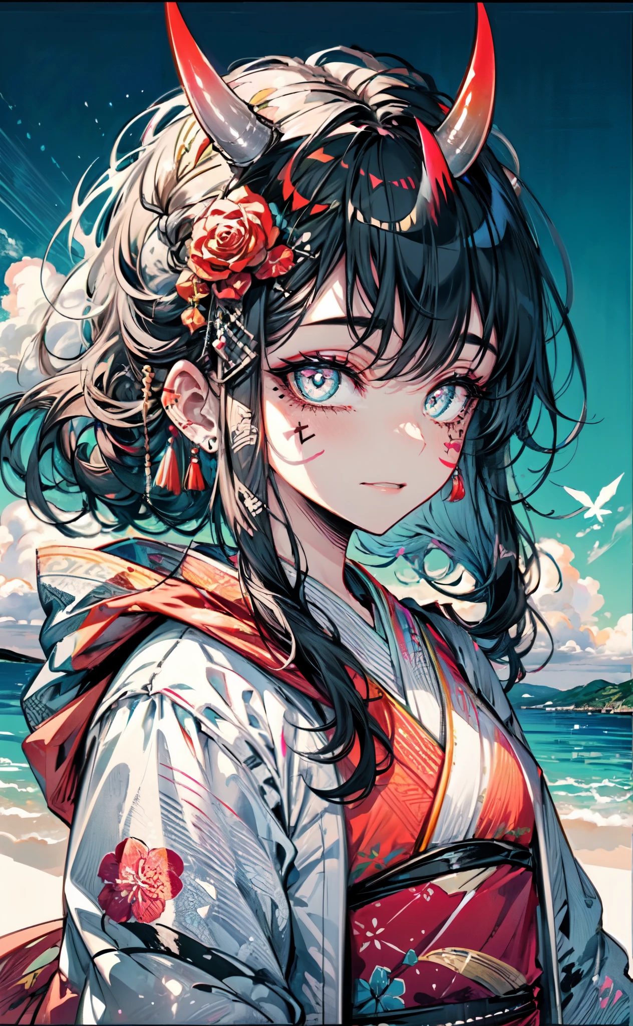 (best quality, high details:1.2), (scenery:1.3), beautiful face, 1girl, a girl in a patterned kimono, (looking at the viewer:1.3), (face tattoo:1.2), small oni horn,