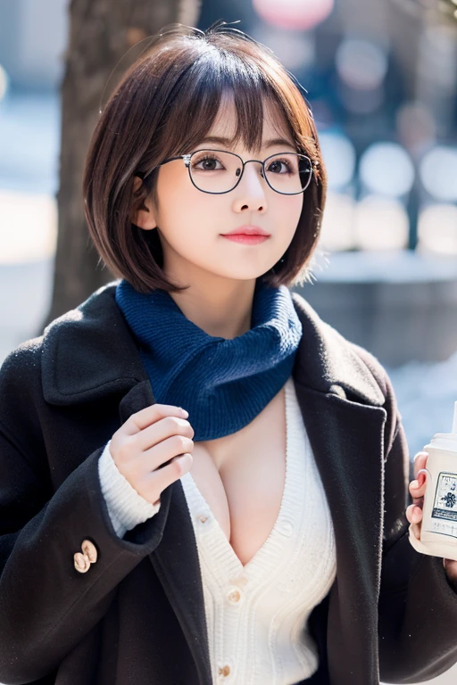 masterpiece, highest quality, Winter clothes,, Beautiful girl with short hair, black glasses, K-POP idol, Magic milk, holstein milk,coat,I can see the