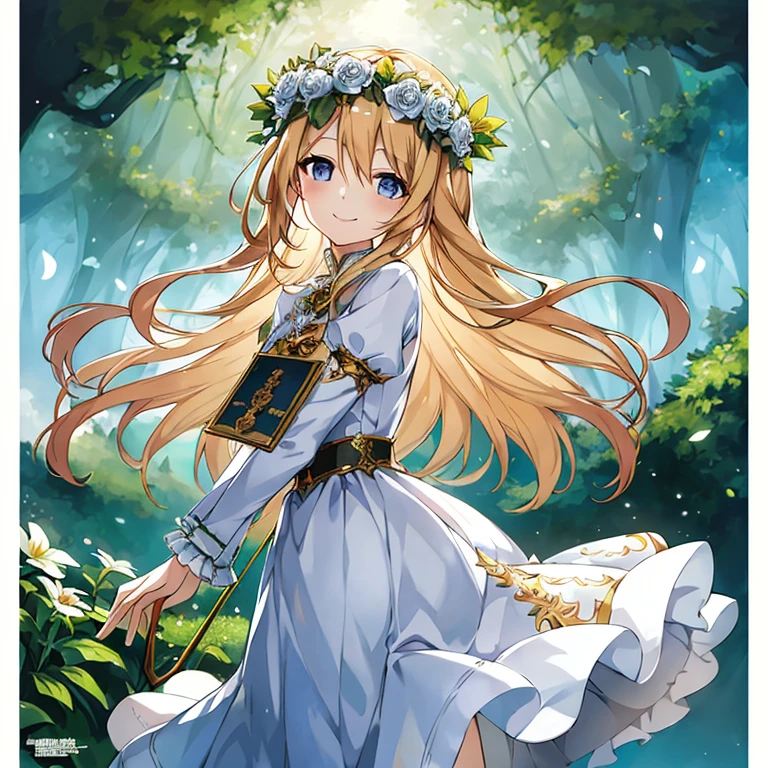 A woman wearing a white dress and a flower crown is walking in the forest, official artwork, smile like a fairy queen, beautiful maiden, blonde - haired pAlsocess, Epic light novel art cover, Kushart Krenz Key Art Feminine, official art, anime goddess, cute girl anime visual, Loli in a dress, Also