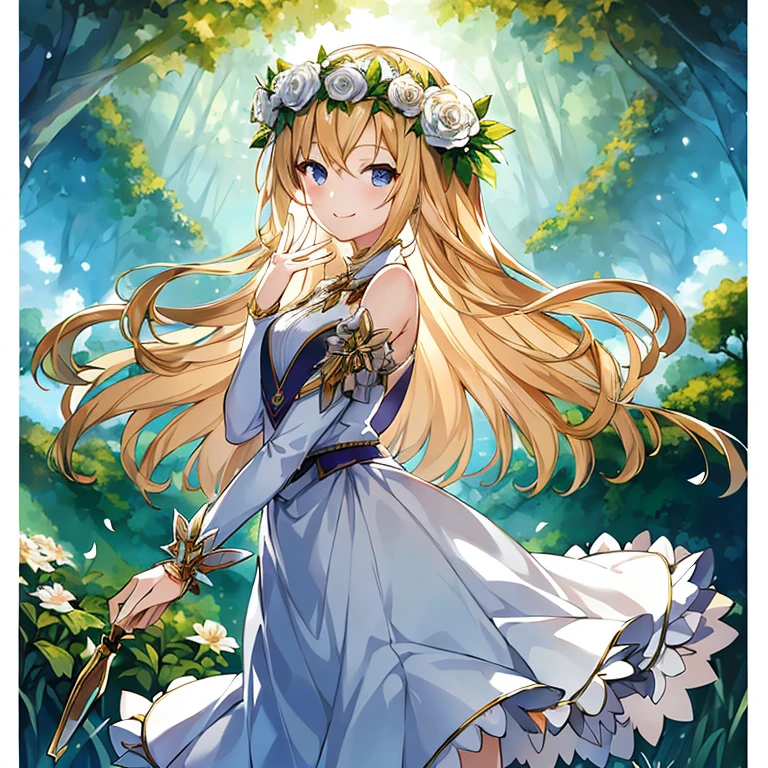 A woman wearing a white dress and a flower crown is walking in the forest, official artwork, smile like a fairy queen, beautiful maiden, blonde - haired pAlsocess, Epic light novel art cover, Kushart Krenz Key Art Feminine, official art, anime goddess, cute girl anime visual, Loli in a dress, Also