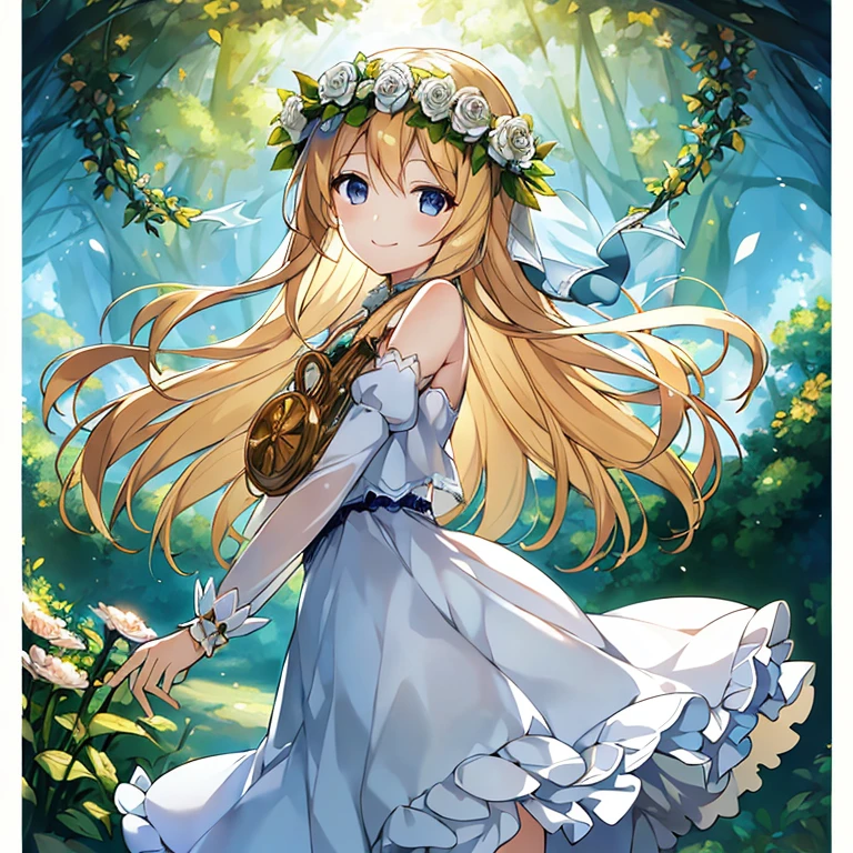 A woman wearing a white dress and a flower crown is walking in the forest, official artwork, smile like a fairy queen, beautiful maiden, blonde - haired pAlsocess, Epic light novel art cover, Kushart Krenz Key Art Feminine, official art, anime goddess, cute girl anime visual, Loli in a dress, Also
