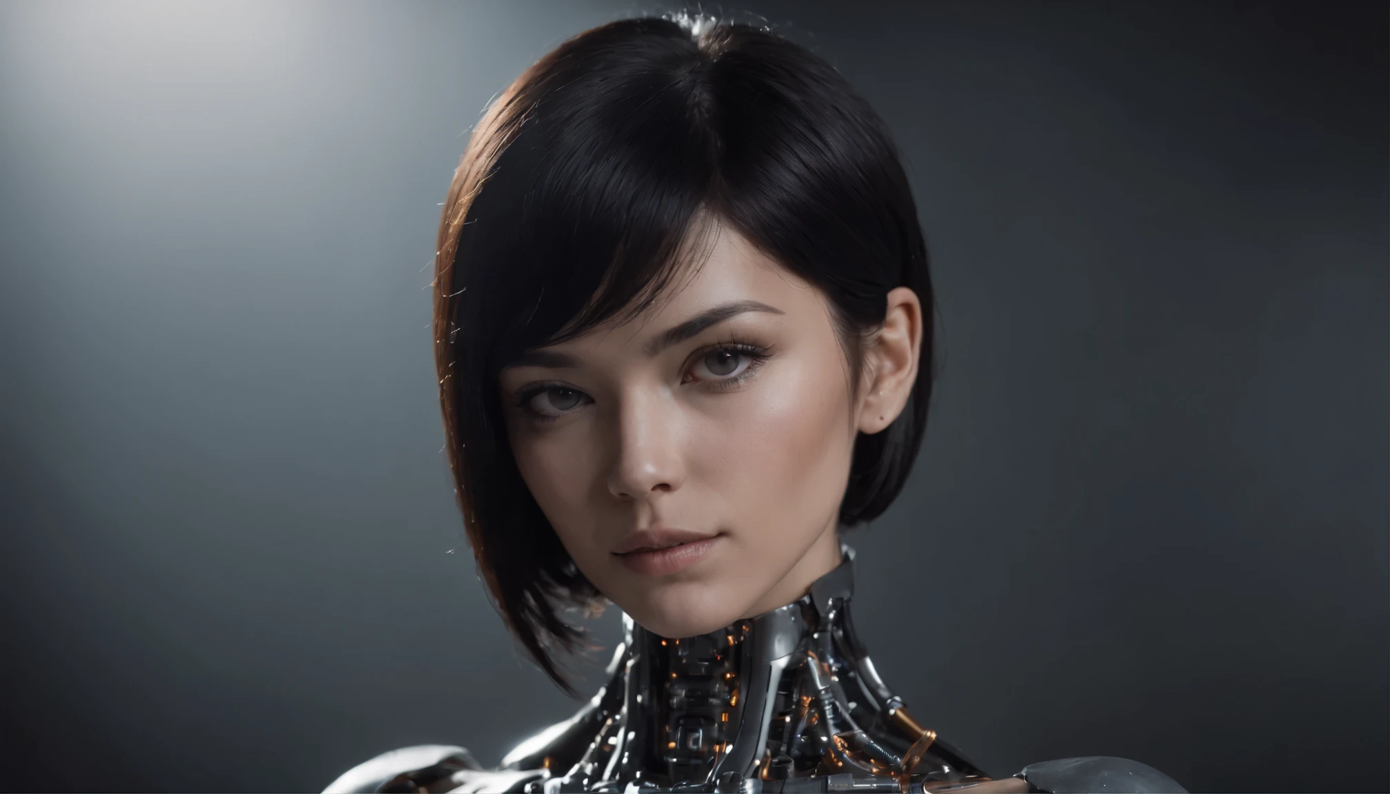 female cyborg, cybernetic body parts, Brazilian woman, black straight bob hair