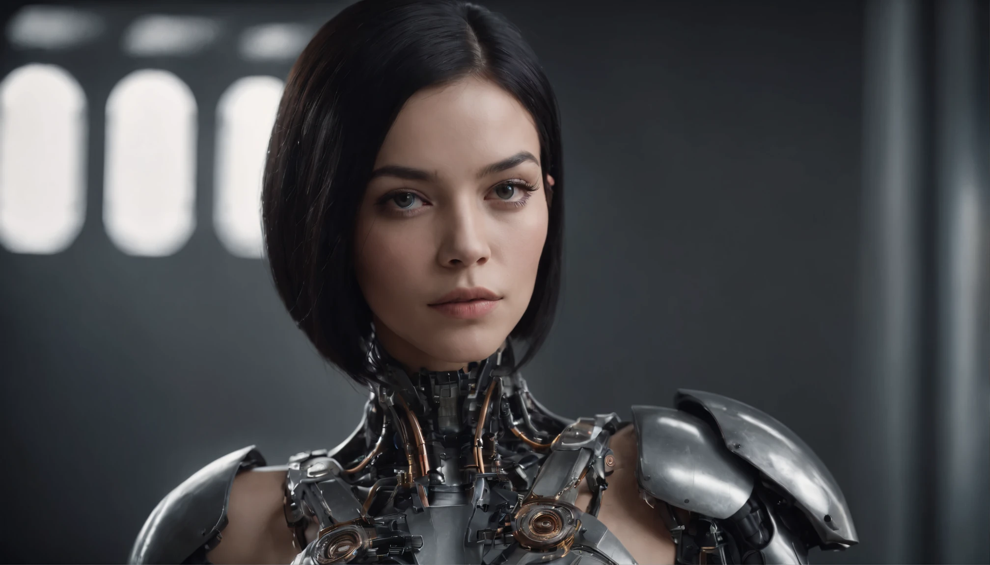 female cyborg, cybernetic body parts, Brazilian woman, black straight bob hair