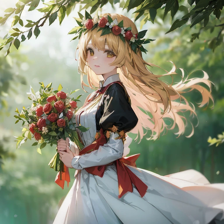 Anime girl with long blonde hair holding bouquet of flowers, Cute anime wife in a nice dress, magical forest maid, beautiful maiden, Kushart Krenz Key Art Feminine, loli in a dress, long hair blonde anime girl, blonde hair princess, Google on pixiv artstation, beautiful anime portrait, beautiful anime girl