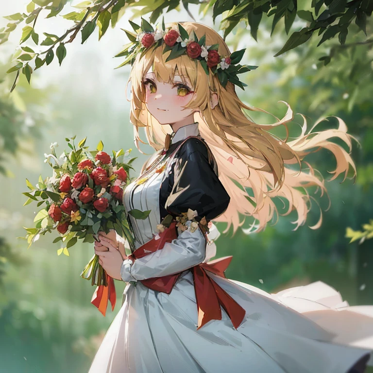 Anime girl with long blonde hair holding bouquet of flowers, Cute anime wife in a nice dress, magical forest maid, beautiful maiden, Kushart Krenz Key Art Feminine, loli in a dress, long hair blonde anime girl, blonde hair princess, Google on pixiv artstation, beautiful anime portrait, beautiful anime girl