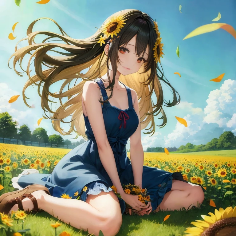 anime girl sitting in a field with flowers and a blue dress, beautiful sunflower anime girl, beautiful anime girl, beautiful anime, Smooth anime CG art, Cute girl anime visual, (anime girl), anime girl with long hair, pretty anime girl, beautiful anime portrait, anime art, cute anime girl, anime wallpaper, high quality anime art, beautiful anime art