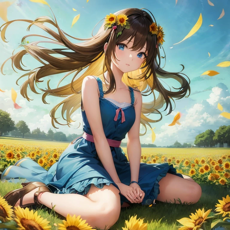 anime girl sitting in a field with flowers and a blue dress, beautiful sunflower anime girl, beautiful anime girl, beautiful anime, Smooth anime CG art, Cute girl anime visual, (anime girl), anime girl with long hair, pretty anime girl, beautiful anime portrait, anime art, cute anime girl, anime wallpaper, high quality anime art, beautiful anime art