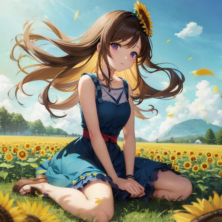 anime girl sitting in a field with flowers and a blue dress, beautiful sunflower anime girl, beautiful anime girl, beautiful anime, Smooth anime CG art, Cute girl anime visual, (anime girl), anime girl with long hair, pretty anime girl, beautiful anime portrait, anime art, cute anime girl, anime wallpaper, high quality anime art, beautiful anime art