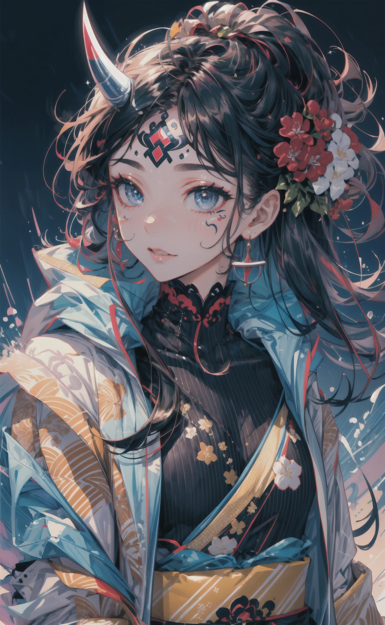 masterpiece, best quality, (intricate details:1.2), , beautiful face, , ukiyoe, 1girl, a girl in patterned kimono, (look at veiwer:1.3), (face tattoo:1.2), small oni horn