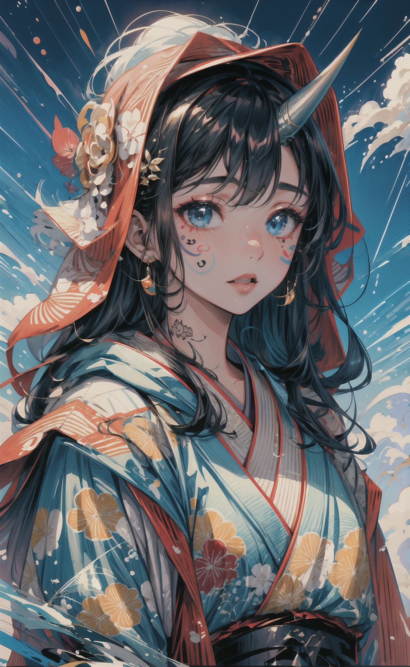 masterpiece, best quality, (intricate details:1.2), , beautiful face, , ukiyoe, 1girl, a girl in patterned kimono, (look at veiwer:1.3), (face tattoo:1.2), small oni horn