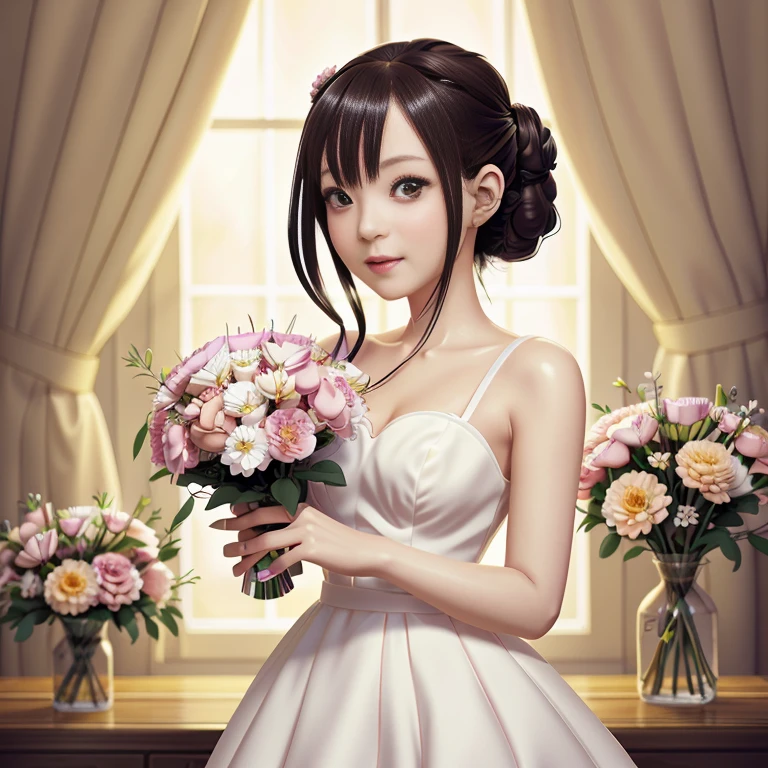 Anime girl in white dress with bouquet of flowers, with flowers, artwork in the style of Gweiz, Gweiz, Gweiz on pixiv artstation, Smooth anime CG art, Cute girl anime visual, Elegant anime key visual, Cute anime wife in a nice dress, high detailed official artwork, beautiful anime portrait, official art