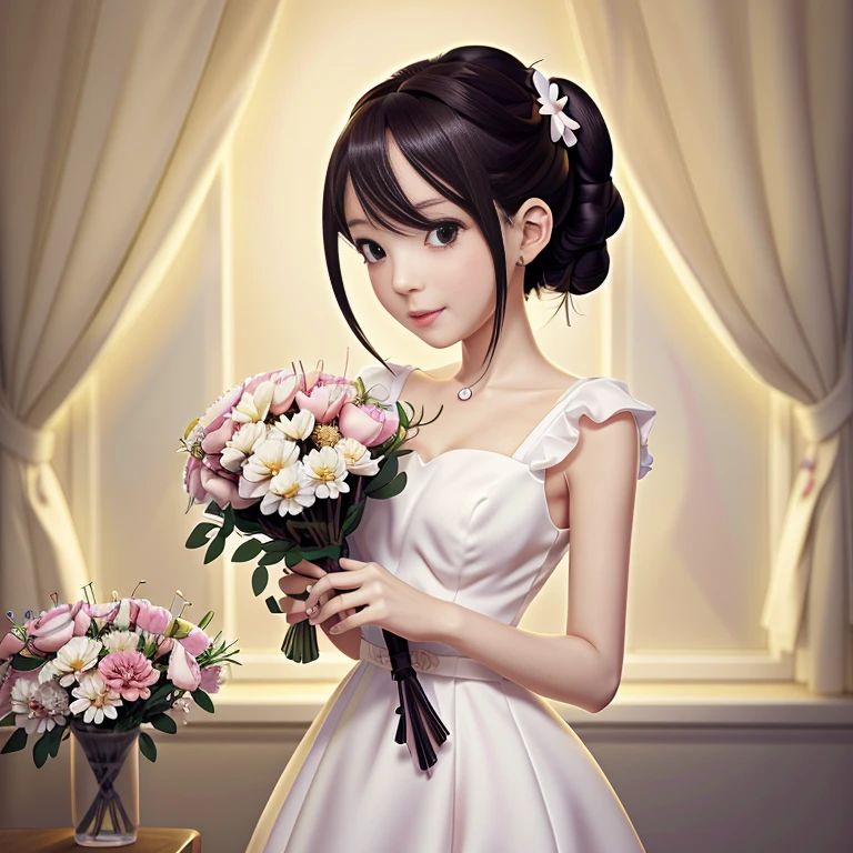 Anime girl in white dress with bouquet of flowers, with flowers, artwork in the style of Gweiz, Gweiz, Gweiz on pixiv artstation, Smooth anime CG art, Cute girl anime visual, Elegant anime key visual, Cute anime wife in a nice dress, high detailed official artwork, beautiful anime portrait, official art