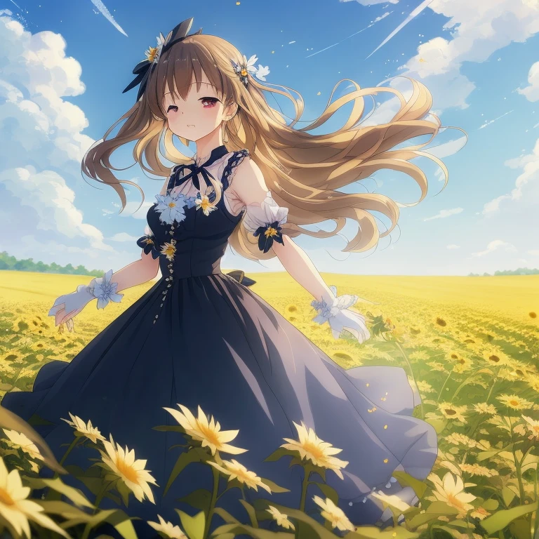 Anime girl in flower garden against blue sky background, Cute anime wife in a nice dress, Anime girl in a black dress, beautiful sunflower anime girl, Loli in a dress, Google on pixiv artstation, Trending with Art Station Pixiv, beautiful anime, From Arknights, cute girl anime visual
