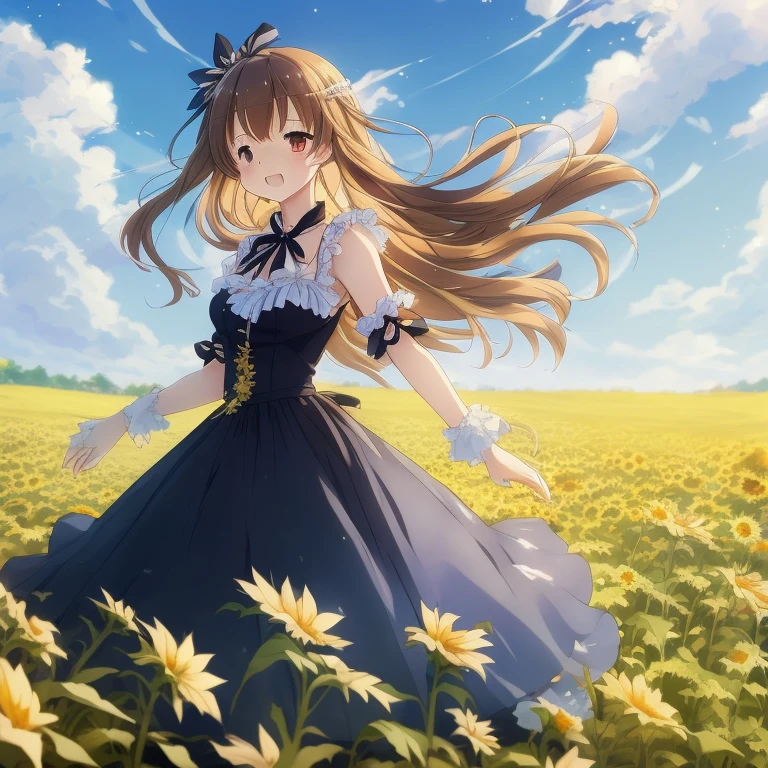 Anime girl in flower garden against blue sky background, Cute anime wife in a nice dress, Anime girl in a black dress, beautiful sunflower anime girl, Loli in a dress, Google on pixiv artstation, Trending with Art Station Pixiv, beautiful anime, From Arknights, cute girl anime visual