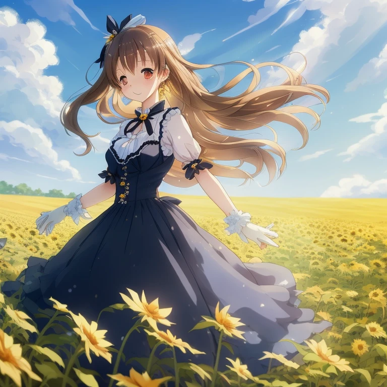 Anime girl in flower garden against blue sky background, Cute anime wife in a nice dress, Anime girl in a black dress, beautiful sunflower anime girl, Loli in a dress, Google on pixiv artstation, Trending with Art Station Pixiv, beautiful anime, From Arknights, cute girl anime visual