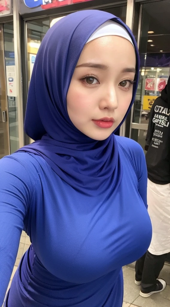 (1girl), solo, malay-girl, ((mira filzah face)) wearing hijab, wearing(blue- cotton underwear, jewelry), photo(medium-shot), portrait, sitting-poses, pov, blurry_background, background(futuristic-metro_station), (photorealistic, absurdres, best_quality:1.55),