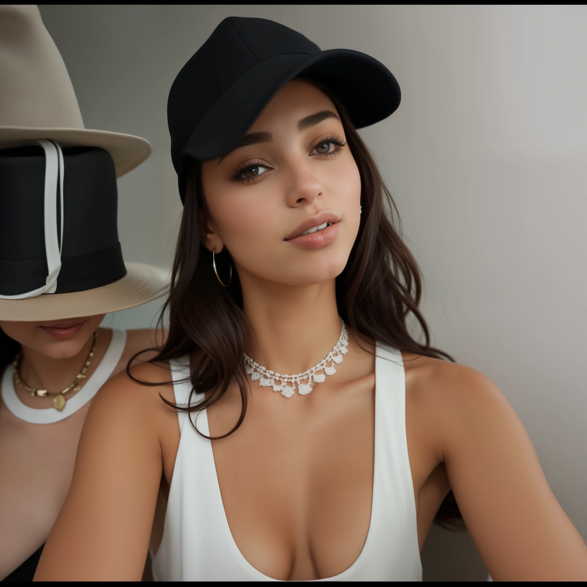 arafida woman wearing black hat and white blouse, wearing a choker and a cute hat, Retrato de Sophie Mudd, with hat, modelo do instagram, 2 modelo feminino de 4 anos, portrait Emily Ratajkowski, angela sarafyan, Emily Ratajkowski, she is wearing a hat, wearing a cute hat, 18 anos de idade