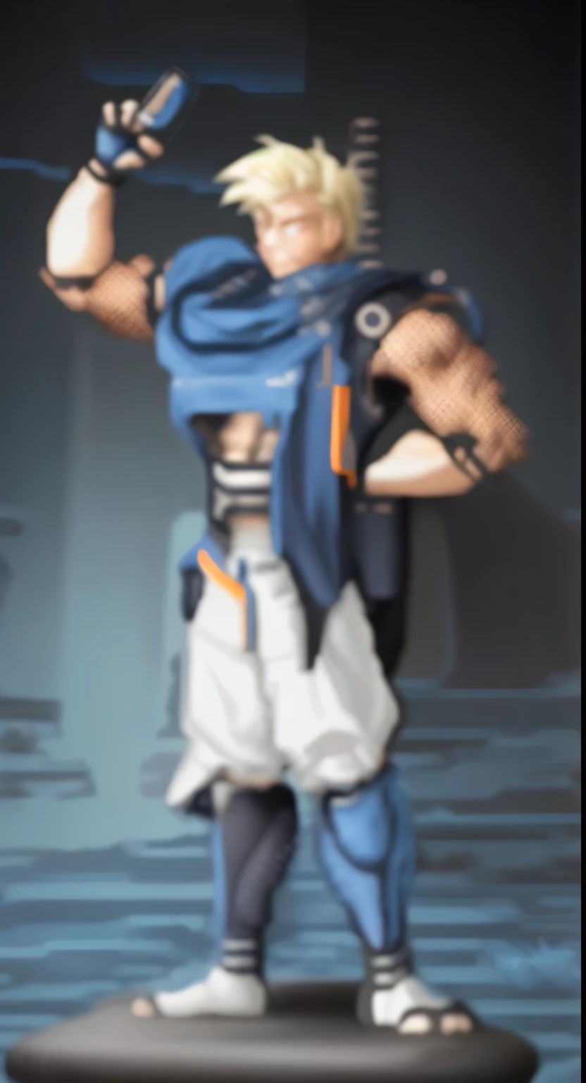 highest image quality,ninja,Blue socklue shoes,male personhibit,blond hair,short straight hair,anime wallpaper,alone,male focuuscular, blue clothes, blue pants,echanical arms,blue gloves,echanical arms,orange scarf,8K Ultra HD, SLR camera, soft light, high quality, film grain,abdominal muscles,Handsome