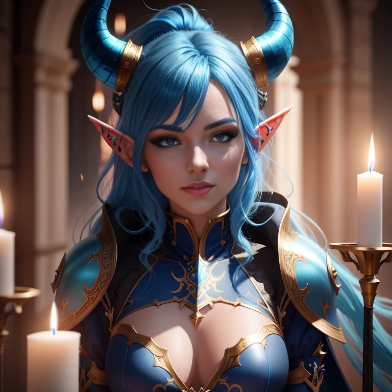 A woman with blue hair and horns stands in front of a candle。, highly detailed fantasy characters, 4k detailed fantasy, 8K portrait rendering, art germ ; 3d unreal engine, 8k character details, 3d rendering character art 8k, blue elf, realistic fantasy rendering, 2. 5d cgi anime fantasy artwork, zodiac girl portrait knight, 2D CG