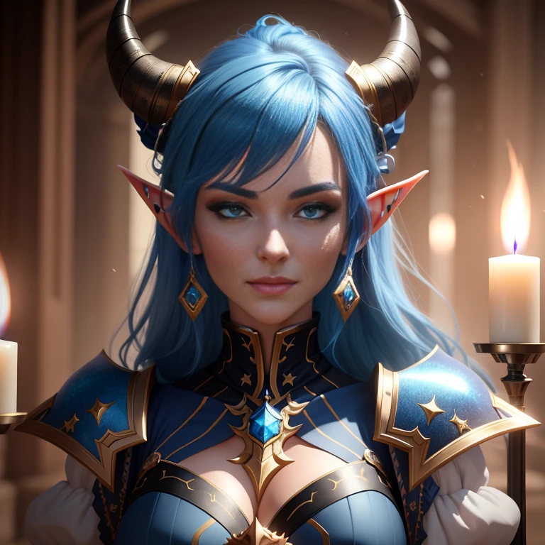 A woman with blue hair and horns stands in front of a candle。, highly detailed fantasy characters, 4k detailed fantasy, 8K portrait rendering, art germ ; 3d unreal engine, 8k character details, 3d rendering character art 8k, blue elf, realistic fantasy rendering, 2. 5d cgi anime fantasy artwork, zodiac girl portrait knight, 2D CG