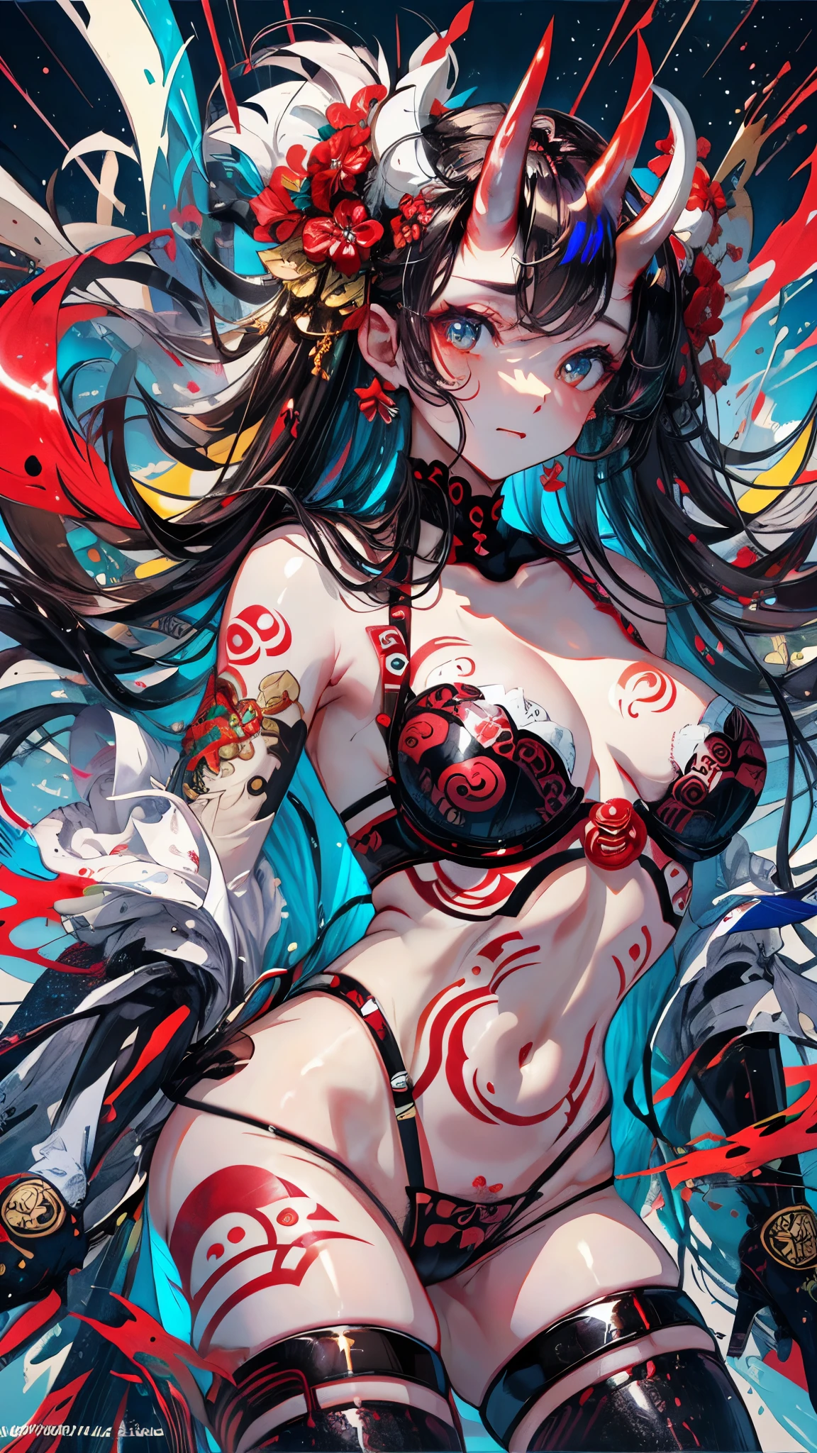 (masterpiece, top quality, best quality, official art, beautiful and aesthetic:1.2), Extreme detailed,Sexy Demon, 1 girl, large breasts,sexy lingerie, (2 small oni horns:1.6), flames around, glowing body,  , Colorful, Highest detailed, Cold light,  tatoos