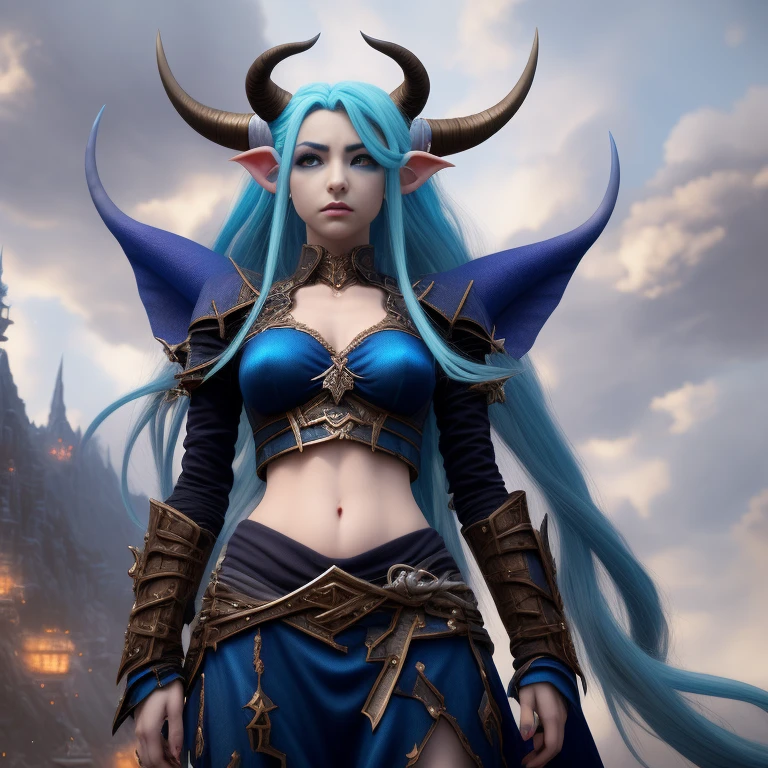 A woman with blue hair and horns stands in front of a cloudy sky, 2. 5d cgi anime fantasy artwork, blue tiefling, highly detailed fantasy characters, Epic fantasy digital art style, Lush corners for girls design, epic fantasy art style, epic fantasy art style hd, fantasy art style, blue elf, 4K fantasy art, blue skin elf