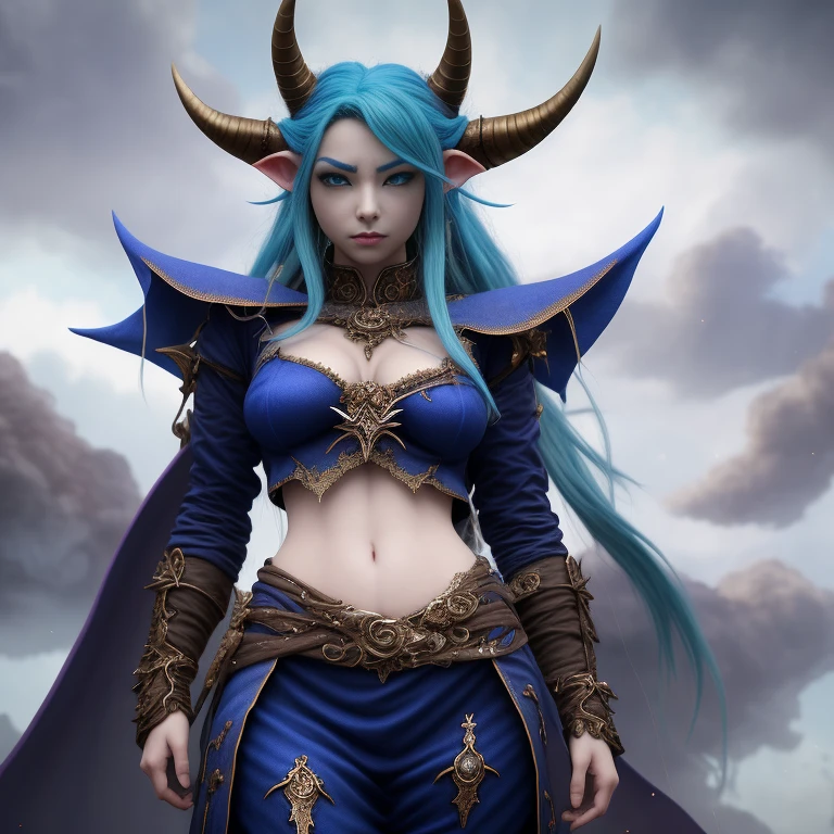 A woman with blue hair and horns stands in front of a cloudy sky, 2. 5d cgi anime fantasy artwork, blue tiefling, highly detailed fantasy characters, Epic fantasy digital art style, Lush corners for girls design, epic fantasy art style, epic fantasy art style hd, fantasy art style, blue elf, 4K fantasy art, blue skin elf