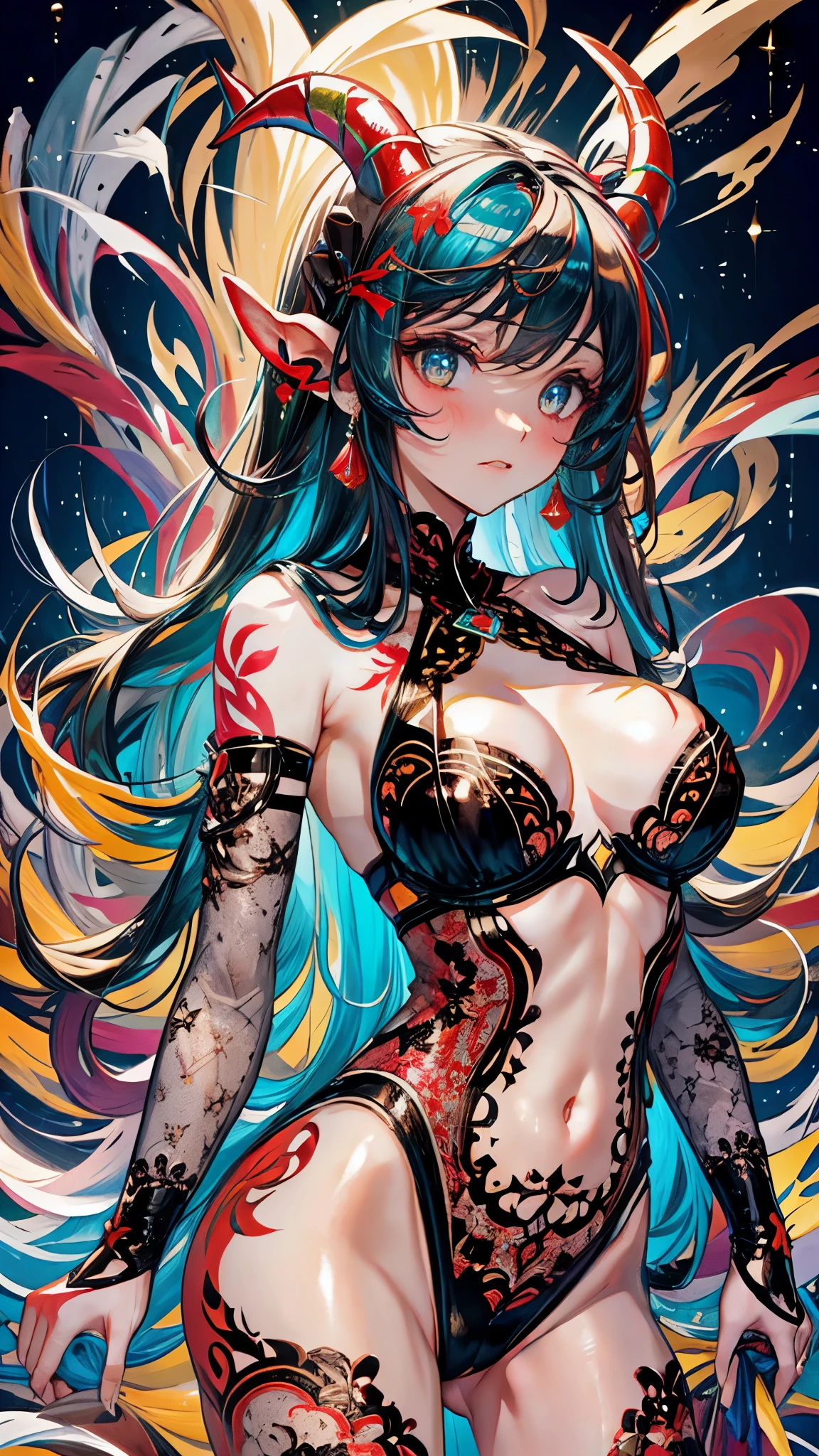 (masterpiece, top quality, best quality, official art, beautiful and aesthetic:1.2), Extreme detailed,Sexy Demon, 1 girl, large breasts, , (very long horns:1.6), flames around, glowing body, sexy, , Colorful, Highest detailed, Cold light, tatoos