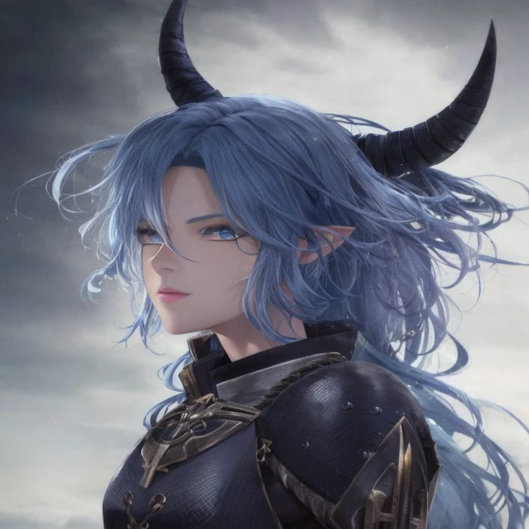 Close-up of a person with blue hair and horns, blue tiefling, horned, highly detailed fantasy characters, 4k detailed fantasy, fantasy style anime, 8K portrait rendering, 2. 5d cgi anime fantasy artwork, realistic fantasy rendering, Lush corners for girls design, realistic 3d animation, 8K high quality detailed art