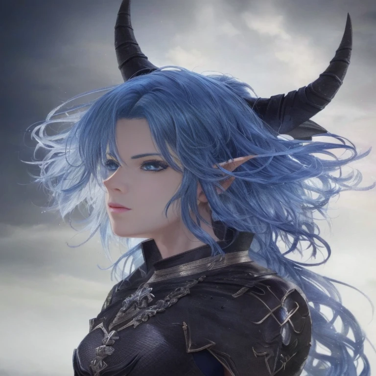 Close-up of a person with blue hair and horns, blue tiefling, horned, highly detailed fantasy characters, 4k detailed fantasy, fantasy style anime, 8K portrait rendering, 2. 5d cgi anime fantasy artwork, realistic fantasy rendering, Lush corners for girls design, realistic 3d animation, 8K high quality detailed art