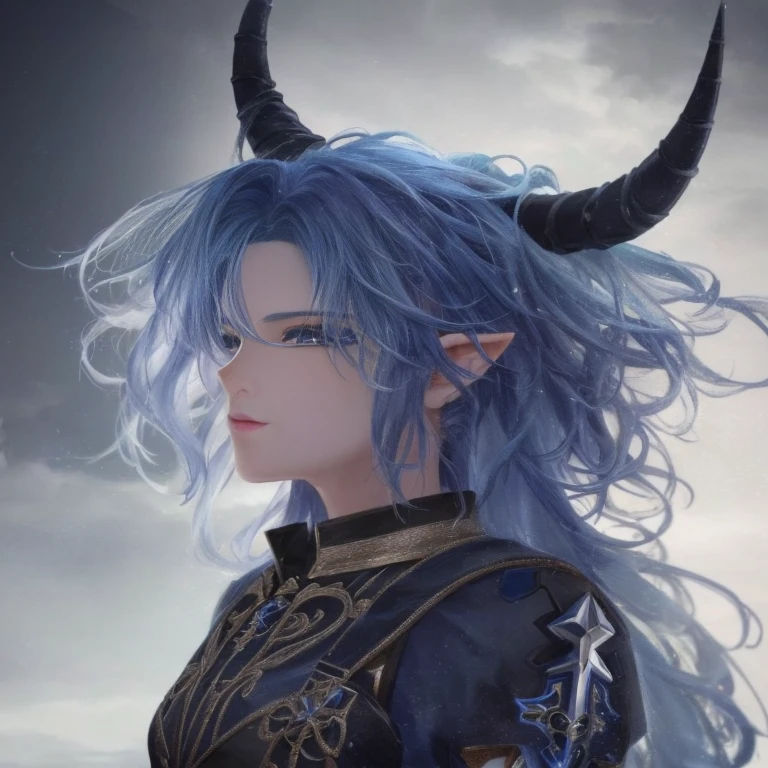 Close-up of a person with blue hair and horns, blue tiefling, horned, highly detailed fantasy characters, 4k detailed fantasy, fantasy style anime, 8K portrait rendering, 2. 5d cgi anime fantasy artwork, realistic fantasy rendering, Lush corners for girls design, realistic 3d animation, 8K high quality detailed art