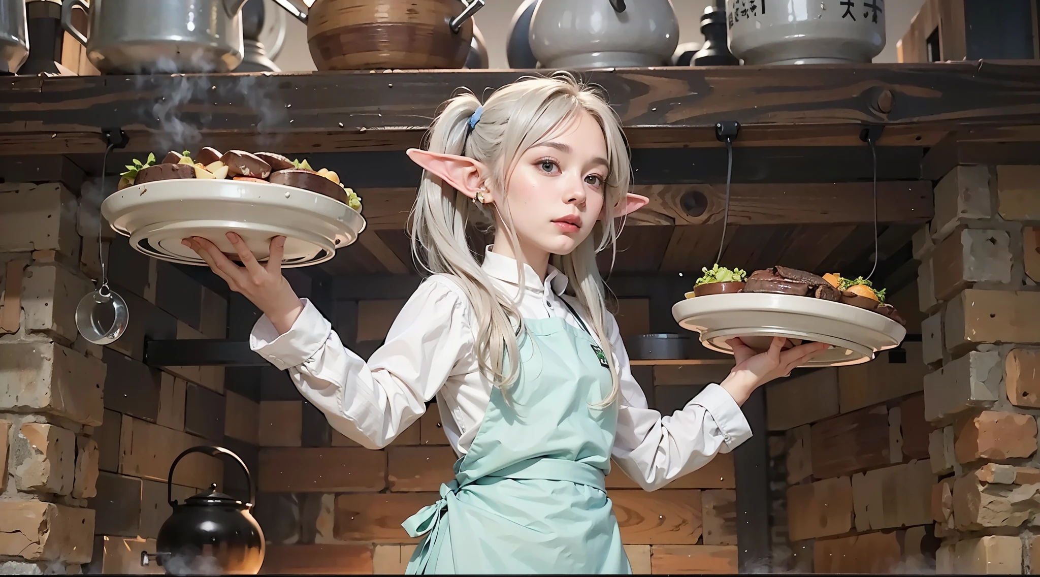 giant steak、wearing an apron、silver eyebrows：1.3、highelf：1.2、elf ears、beautiful ears、green eyes：1.2、Silver hair：1.2、short eyebrows、twin tails、Blue muffler、red earrings、detailed hair、23 years old、female：1.2、movie writing、(best quality, 8K, 32K, muste piece, ticker:1.2)