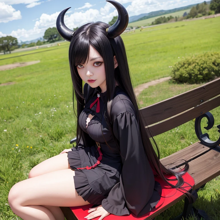 Horned arafe woman sitting on a bench in the field, anime girl , anime , anime girl in real life, gothic maiden anime girl, makeup gremory, Succubus in a tight short dress, Erza Scarlet as a real person, succubus body, , anime stile, the anime girl crouching, seductive anime girl