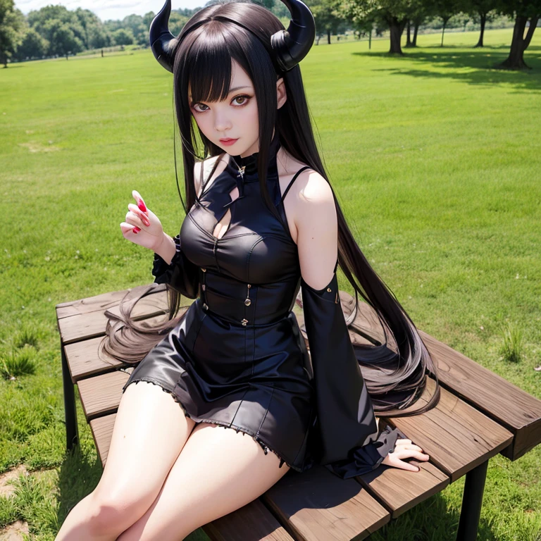 Horned arafe woman sitting on a bench in the field, anime girl , anime , anime girl in real life, gothic maiden anime girl, makeup gremory, Succubus in a tight short dress, Erza Scarlet as a real person, succubus body, , anime stile, the anime girl crouching, seductive anime girl