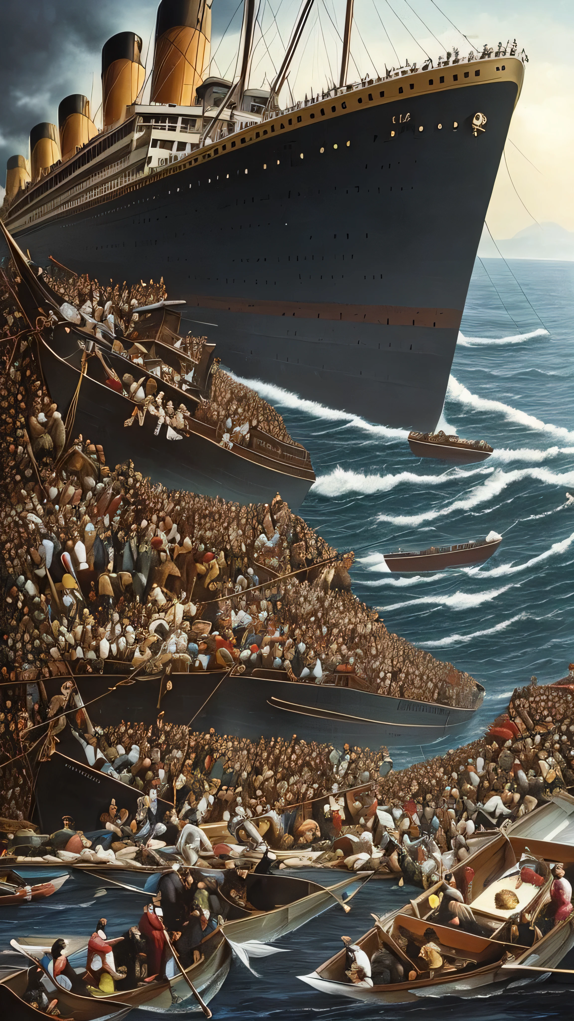 A hyperrealistic portrayal of the harrowing moment the Titanic/Olympic sinks, with terror-stricken passengers amidst debris, while in the backdrop JP Morgan coldly observes. –hyperdetailed, 8k --ar 9:16 --v 5.2