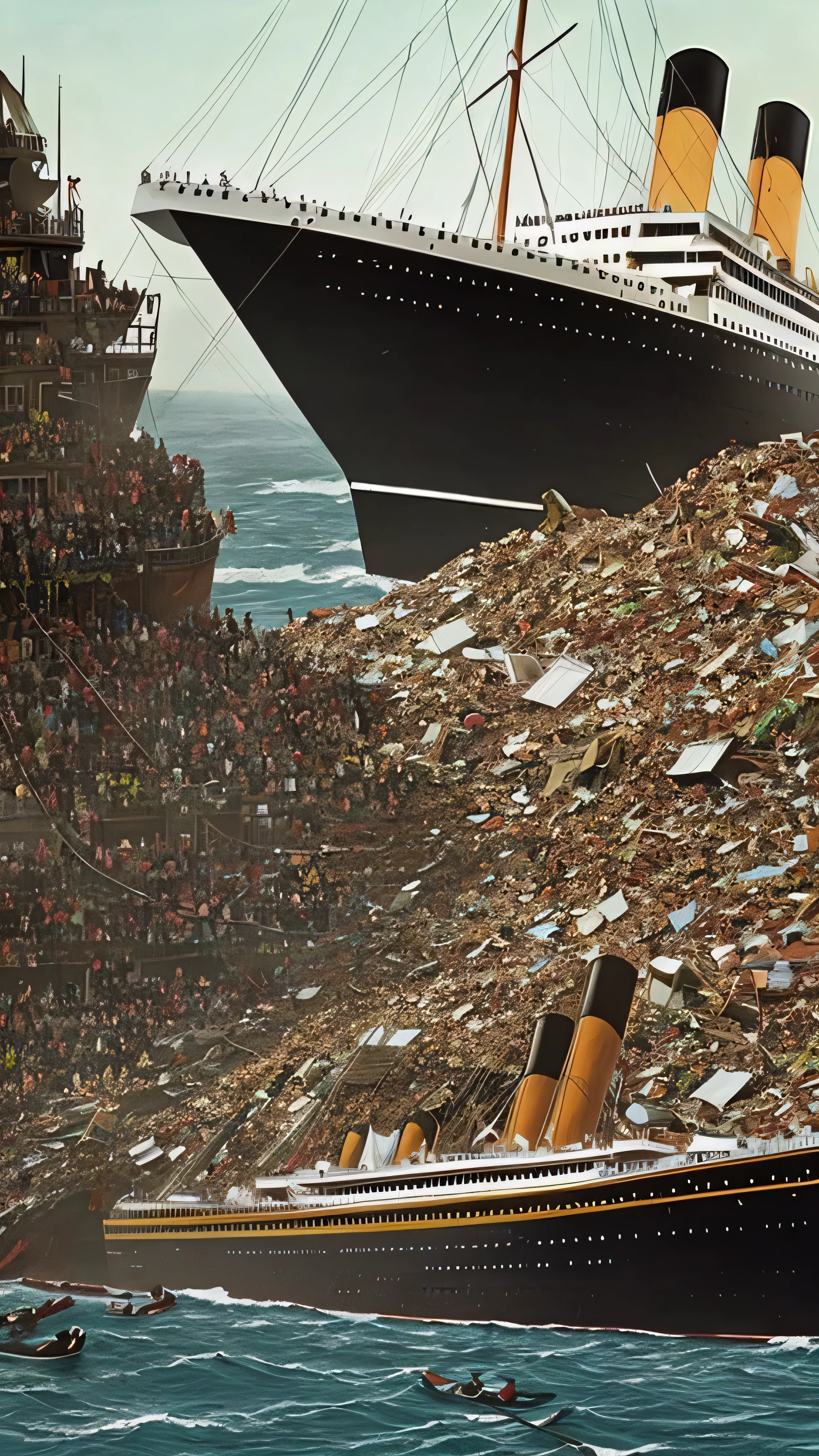 A hyperrealistic portrayal of the harrowing moment the Titanic/Olympic sinks, with terror-stricken passengers amidst debris, while in the backdrop JP Morgan coldly observes. –hyperdetailed, 8k --ar 9:16 --v 5.2