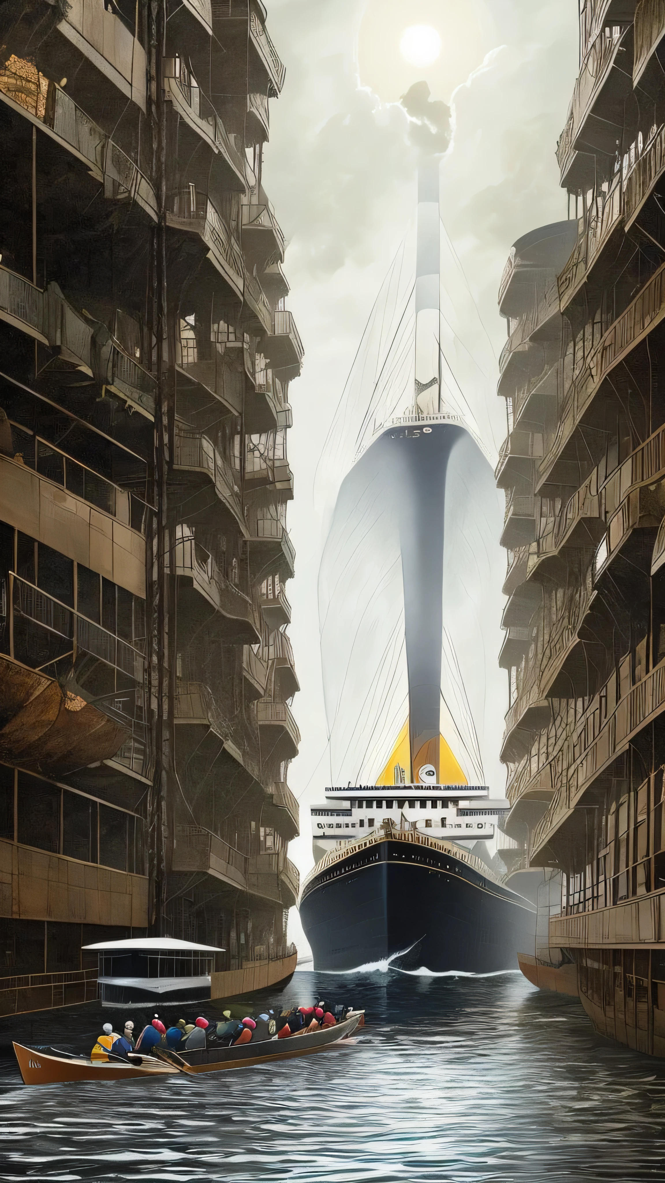 A hyperrealistic portrayal of the harrowing moment the Titanic/Olympic sinks, with terror-stricken passengers amidst debris, while in the backdrop JP Morgan coldly observes. –hyperdetailed, 8k --ar 9:16 --v 5.2