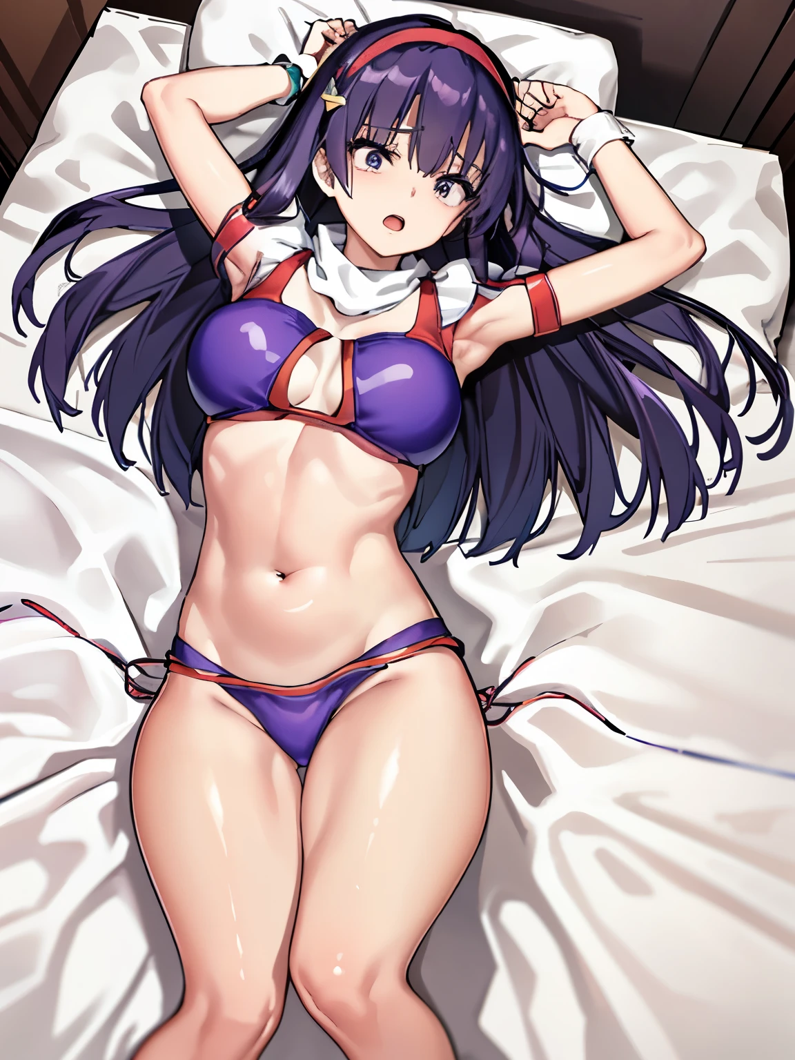masterpiece, highest quality,athena97,hairband,solo,((tall)), ((lie on one’s back)),slim, 繊細なfacial details, facial details, Full body Esbian,((Glossy string bikini:1.3))、curvaceous legs、boudoir、bed、bedの上、scary expression,open mouth