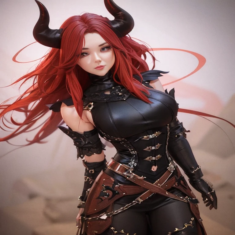 Close-up of a woman in a black costume with horns, succubus body, gothic otome anime girl, beautiful Succubus, 3d rendering character art 8k, Succubus in tight short dress, 8K high quality detailed art, trending on cgstation, Red-haired queen wearing heavy red armor, art germ ; 3d unreal engine, Succubus