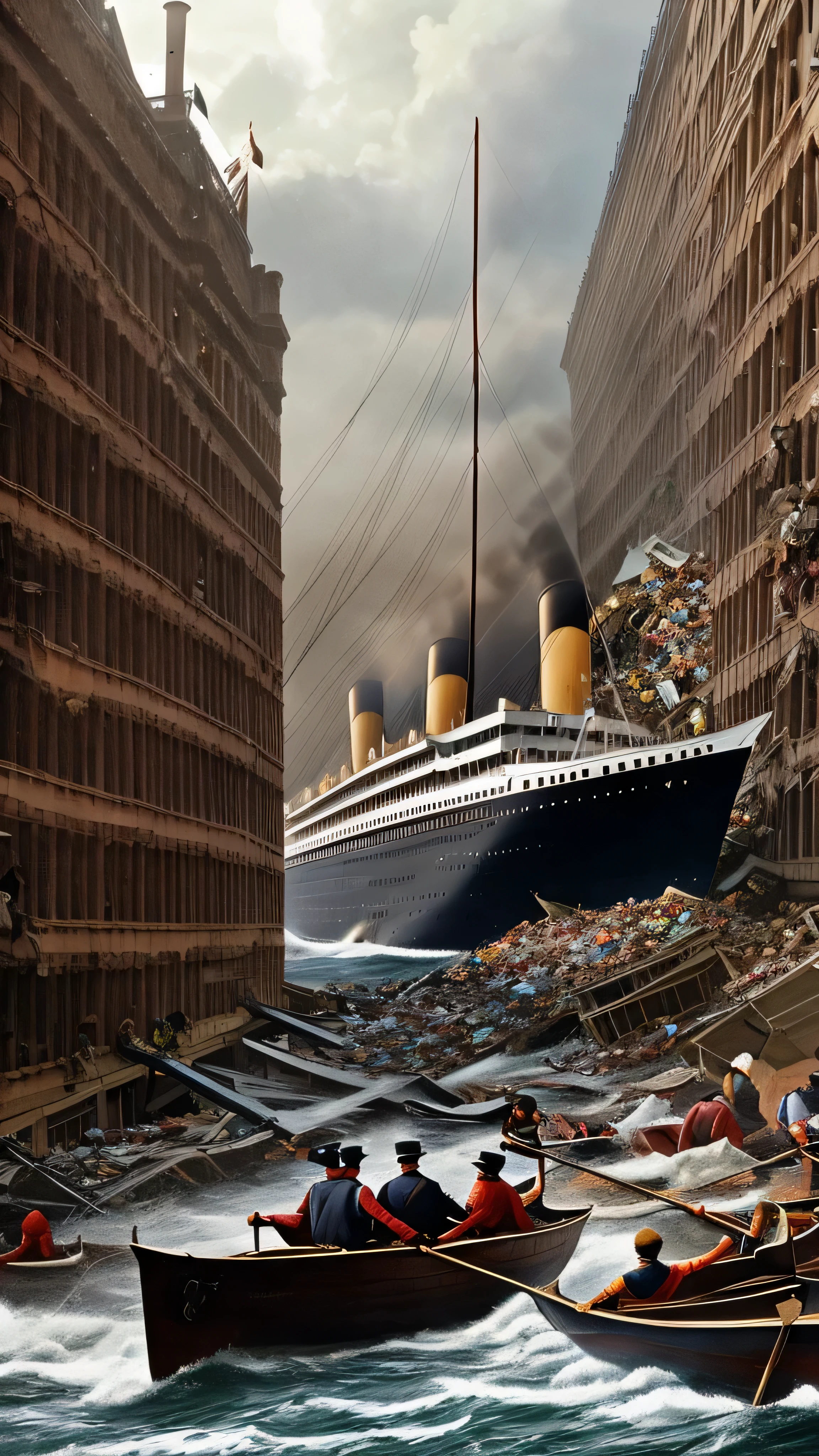 A hyperrealistic portrayal of the harrowing moment the Titanic/Olympic sinks, with terror-stricken passengers amidst debris, while in the backdrop JP Morgan coldly observes. –hyperdetailed, 8k --ar 9:16 --v 5.2