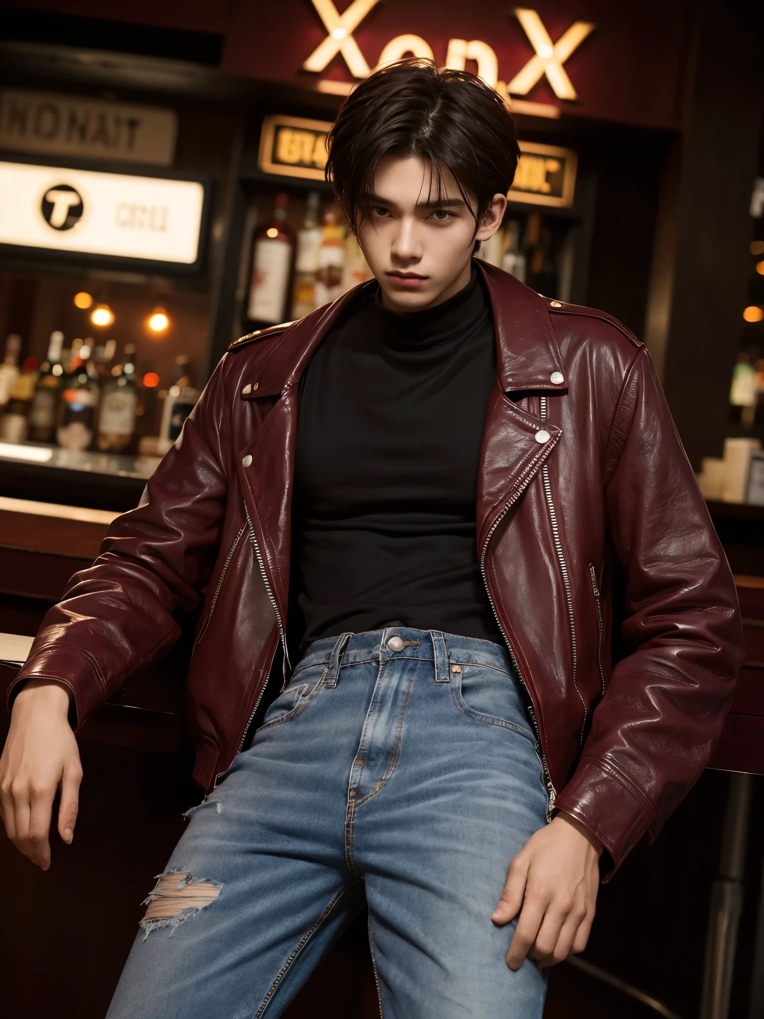 boy, 17 y.o, comma hair, (maroon) leather jacket, torn trousers, piercing, night, street, bar