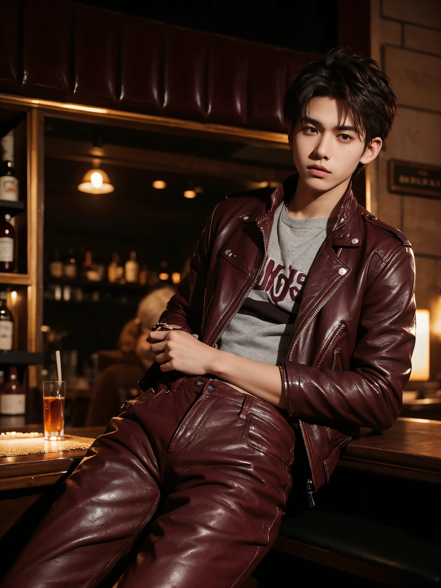 boy, y.o, comma hair, (maroon) leather jacket, torn trousers, piercing, night, street, bar