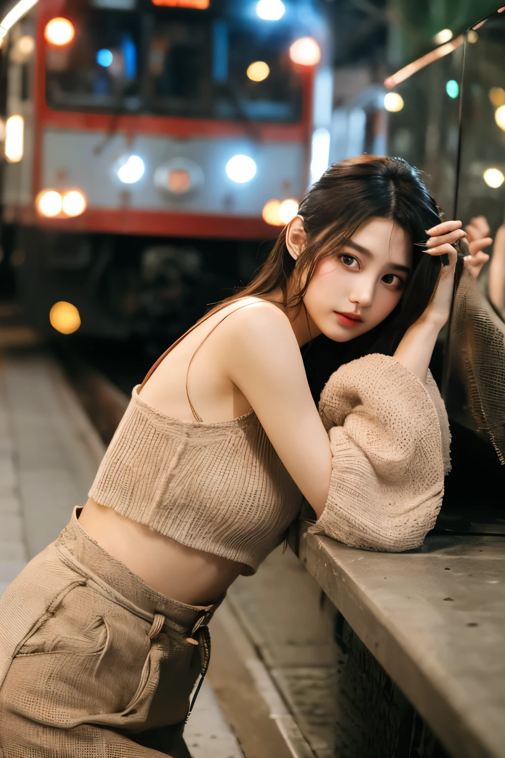 Cinematic Photo of a beautiful korean fashion model bokeh train