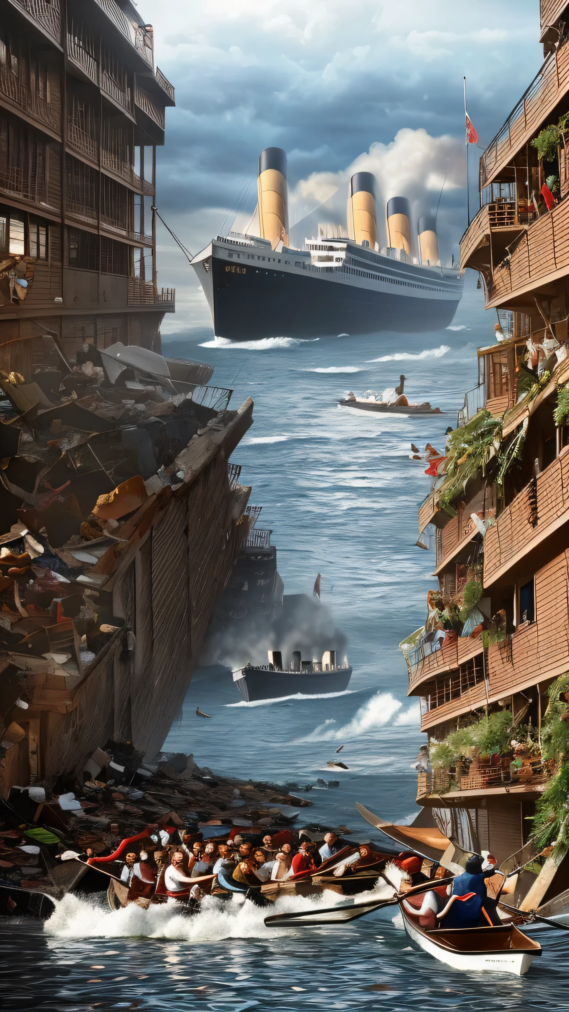 A hyperrealistic portrayal of the harrowing moment the Titanic/Olympic sinks, with terror-stricken passengers amidst debris, while in the backdrop JP Morgan coldly observes. –hyperdetailed, 8k --ar 9:16 --v 5.2