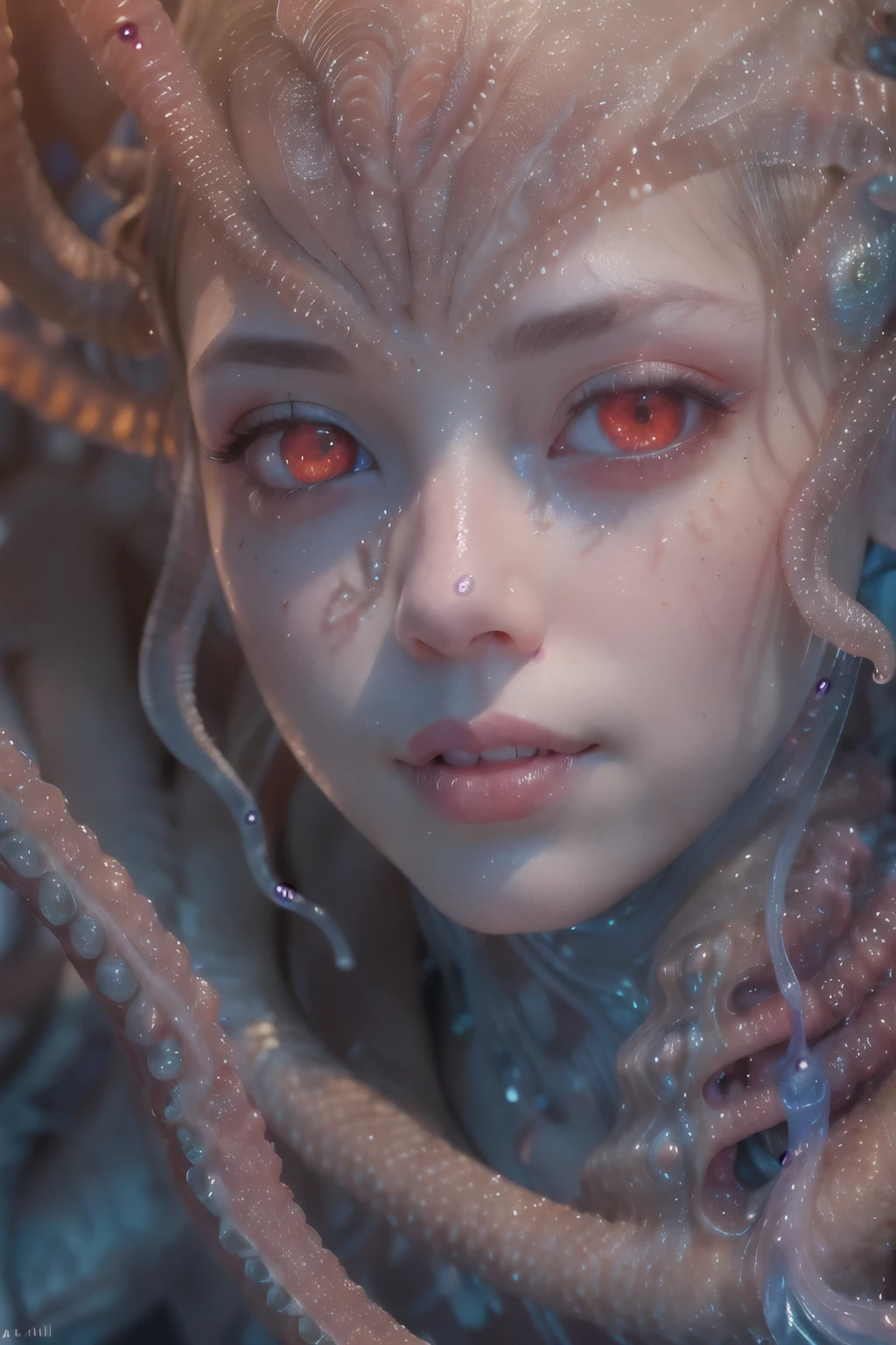 scary and sexy detailed art in color, Portrait, (beautiful female alien:1.2), (vulgarity1.5), (she has red eyes with no pupils:1.8), (Translucent skin:1.7),  (There is a female genital-like organ in the middle of the forehead:1.9), (The most beautiful face in the history of the universe:1.2),an evil gaze that seduces, (large mouth:1.1), (sharp teeth like a vampire:1.2), Full body portrait, (bio luminescent:1.5), (Smile wickedly:1.3),  (sexypose:1.5), alien, No humans, cells are fused, (Lots of translucent tentacles:1.3) extraterrestrial, cell, bio image, best quality, 8K,In 4K_quality, High freshness, Dramatic Lighting, masutepiece:1.5,cinematic quality, detail up, (exquisite details:1.2), high resolution, High freshness, drawing faithfully, (Thick eyebrows:1.2), Beautiful eyes with fine symmetry,(Highly detailed face and eyes:1.2), Intimate face, (Super detailed skin quality feeling:1.4), perfect anatomy,  (Beautiful toned body:1.5),  (Moist skin:1.2), not wearing makeup, (dark circles:1.1), long canines, cinematic drawing of characters, ultra high quality model, cinematic quality, detail up, (exquisite details:1.2), high resolution, High freshness, drawing faithfully, official art, Unity 8K Wall  , 8K Portrait, best quality, Very high resolution, ultra detailed artistic photography, midnight aura,  unreal engine 5, Ultra Sharp Focus, art by Amano Yoshitaka, ArtGerm, Roisch, intricate artwork, best quality, masterpiece, ultra high resolution, (photos realistic:1.4), ultra realistic realism, dream-like, nautilus, Creation of fantasy, Snail, Dream Snail, (biopunk nautilus:1.3),Thrilling color schemes, ultra realistic realism, seductively smiling, Blue tentacles,