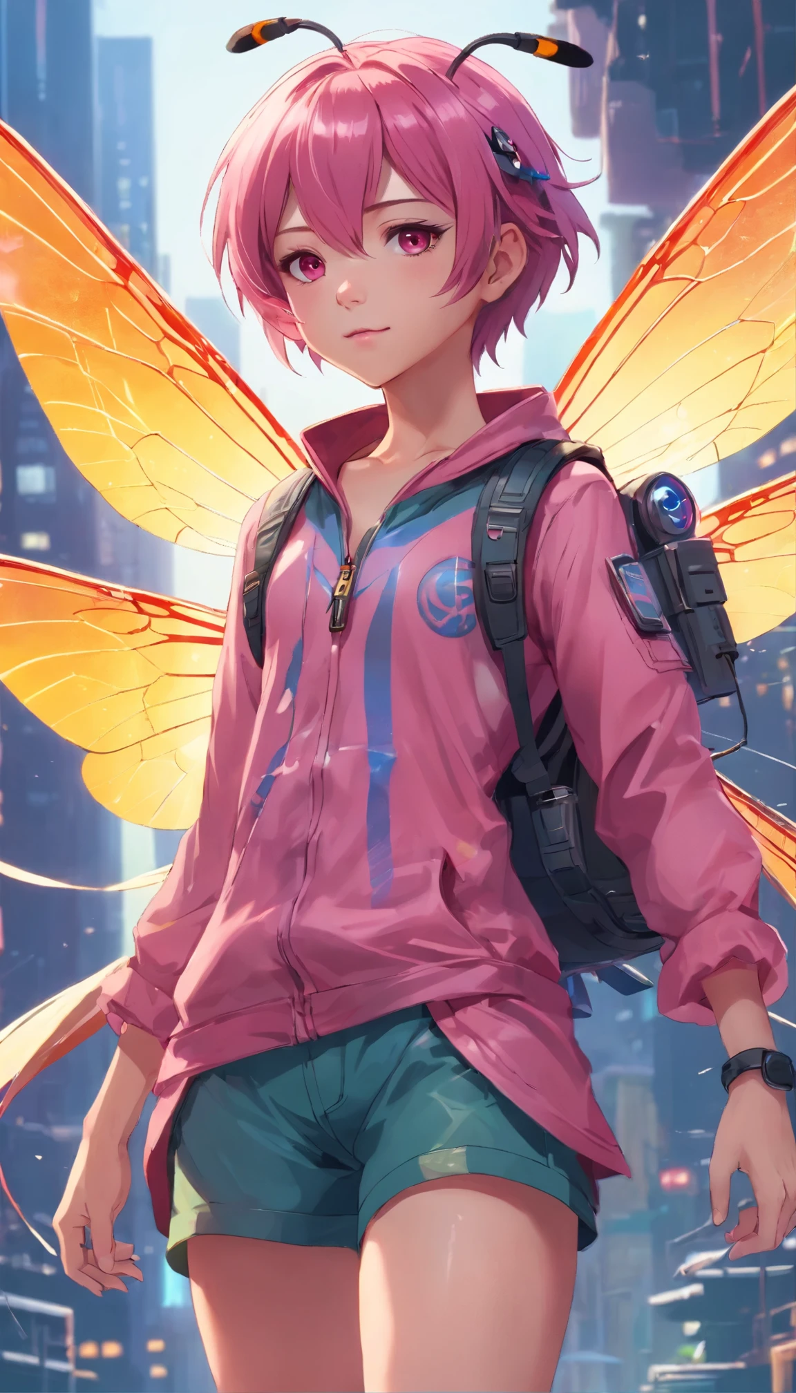 Full body art of a beautiful cyberpunk fairy boy, 13 years old, thin and fragile, holding a cannon with horns on his head, honey pink hair messy in the wind, frayed with bangs covering his eyes in a wavy mullet style with big, huge golden eyes that convey joy and magic light pink thin eyebrows, wild and rebellious appearance dark pink skin dragonfly wings dressed in pilot's outfit with huge bare feet, ultra hd, realistic, vivid colors, highly detailed, UHD drawing, pen and ink, perfect composition, beautiful detailed intricate insanely detailed octane render trending on artstation, 8k artistic photography, photorealistic concept art, soft natural volumetric cinematic perfect light