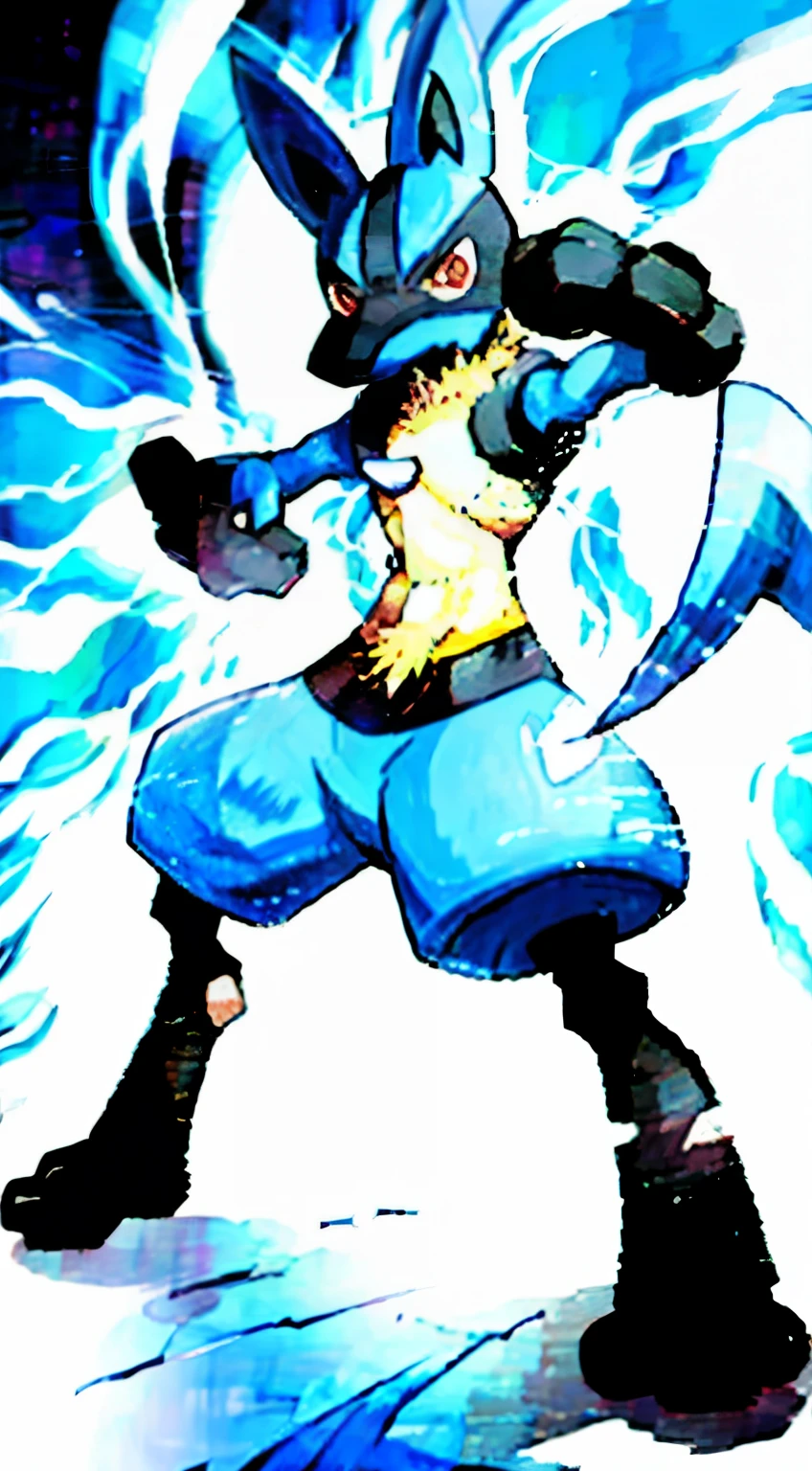 2D_anime,Lucario,serious face,attack stance,blue_body,shirtless,battle_damaged,stands_on_ground
