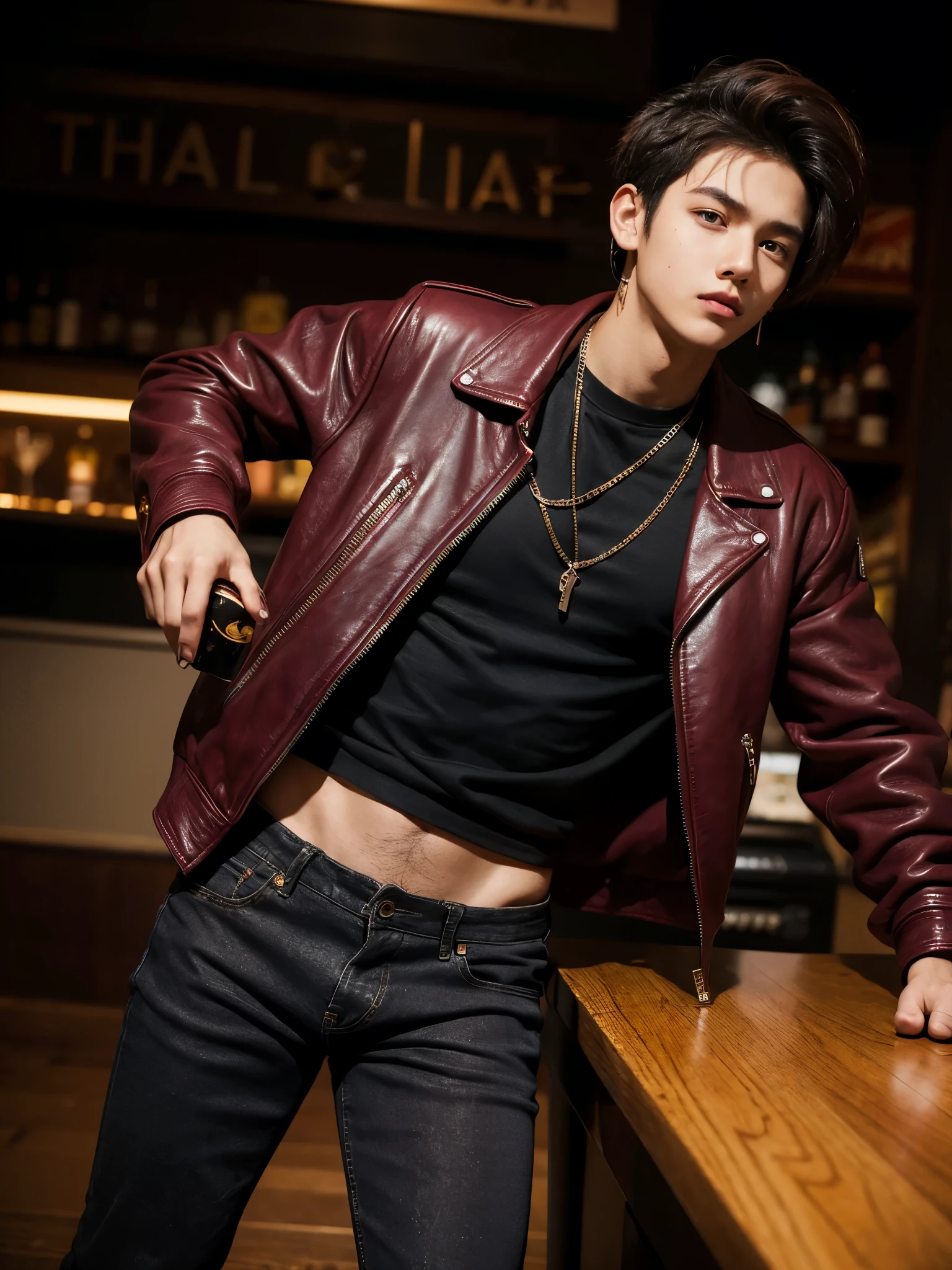 boy, 17 y.o, comma hair, (maroon) leather jacket, torn trousers, piercing, night, street, bar