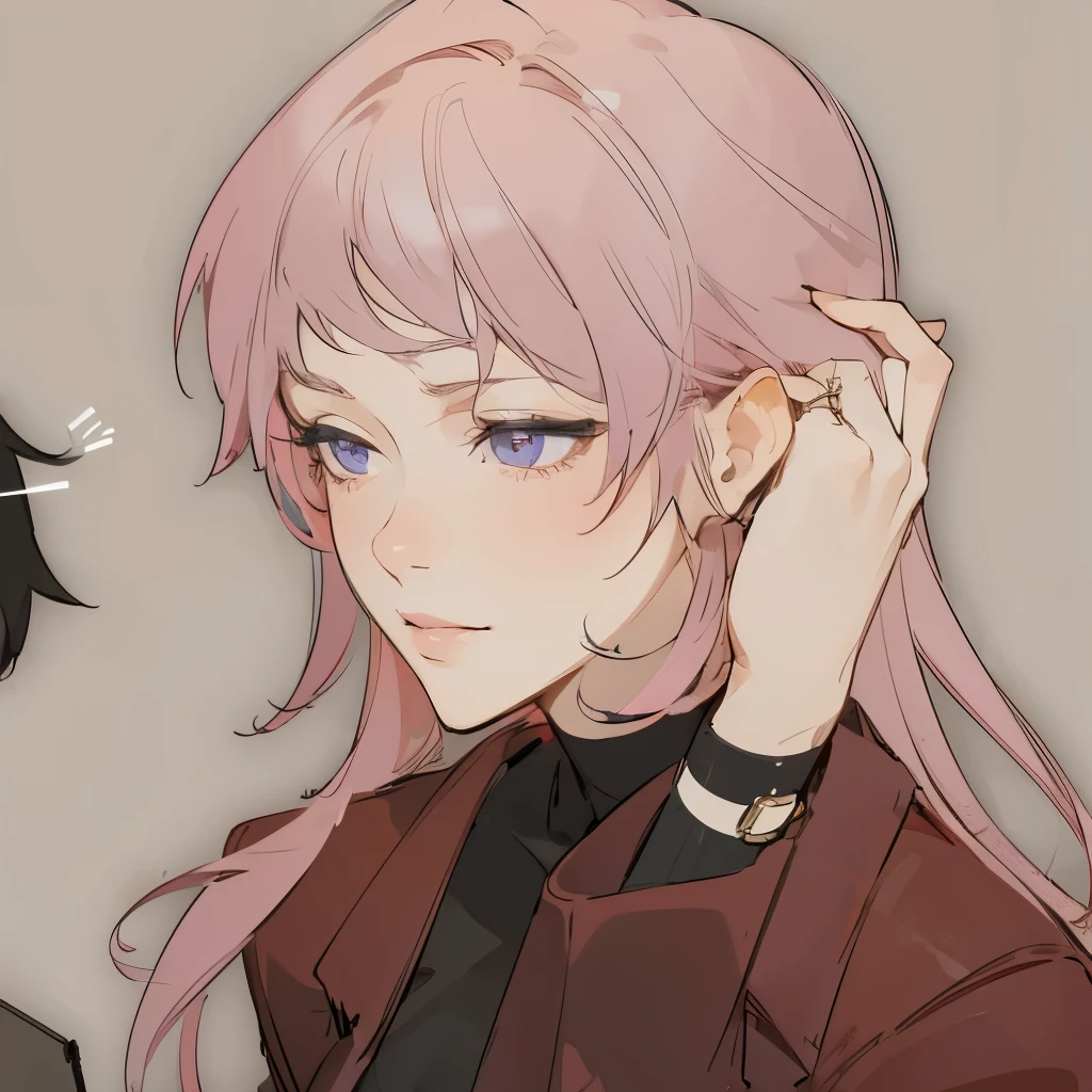 Anime woman, perfect, beautiful, huge breasts, pink curly hair, ringlet hair, detailed eyes, soft lighting, purple eyes, completed drawing, bold lineart, painting, long ringlet hair, longer hair, detailed shading, bokeh, masterpiece, mature